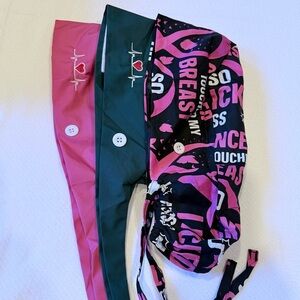 NWOT Bundle of three medical scrub caps with ties and face mask buttons